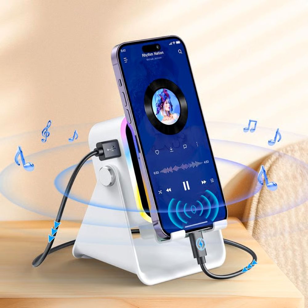 5-in-1 Wireless Induction Bluetooth Speaker with Adjustable Phone Stand