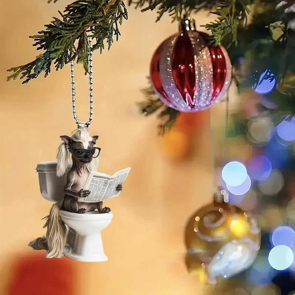 Chinese Crested Dog - Dog Sitting On Toilet Ornament OT048