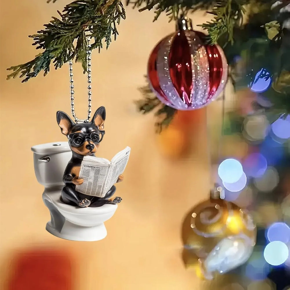 Miniature Pinscher - Dog Sitting On Toilet Ornament OT053