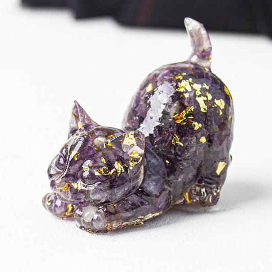 Handmade Natural Crystal Gemstone Cat with Raised Tail - Amethyst