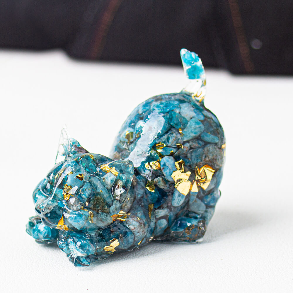 Handmade Natural Crystal Gemstone Cat with Raised Tail - Blue Apatite