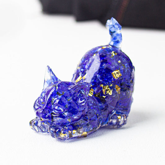 Handmade Natural Crystal Gemstone Cat with Raised Tail - Blue Glazed