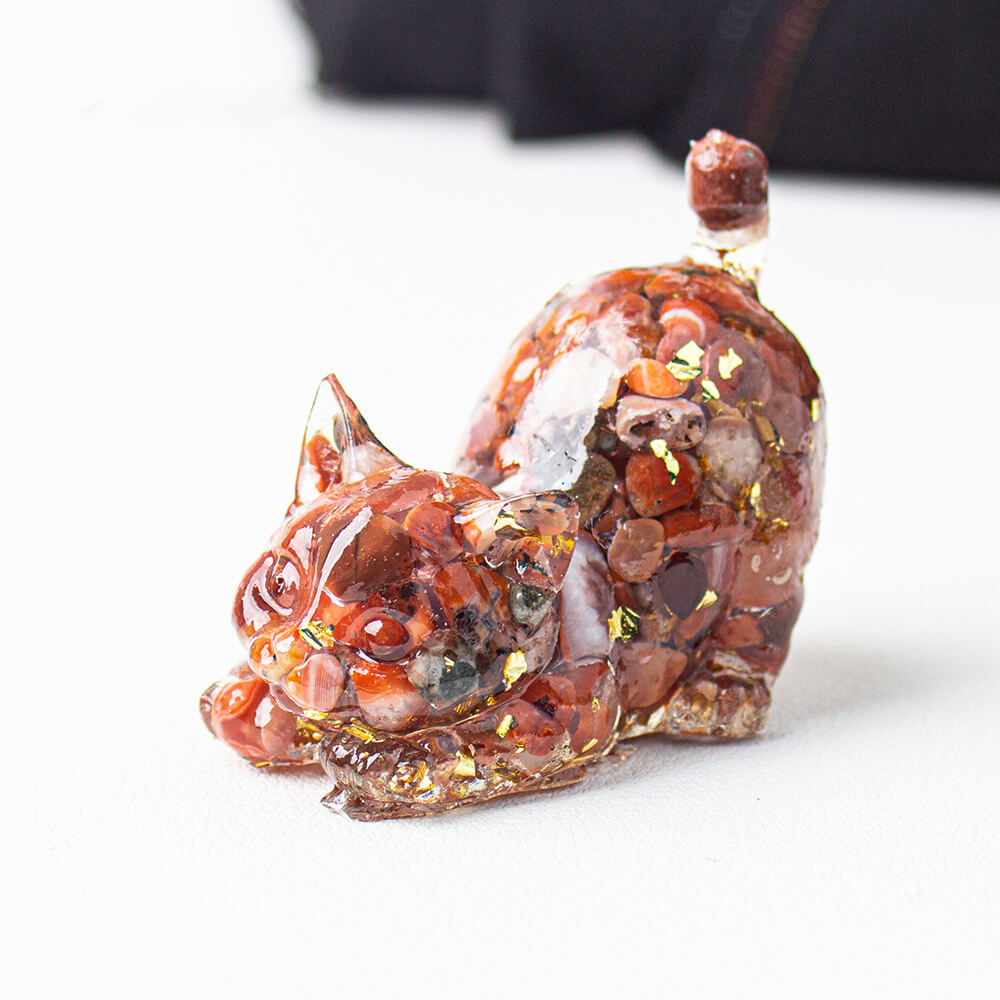 Handmade Natural Crystal Gemstone Cat with Raised Tail - Red Agate