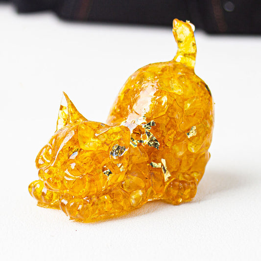 Handmade Natural Crystal Gemstone Cat with Raised Tail - Citrine