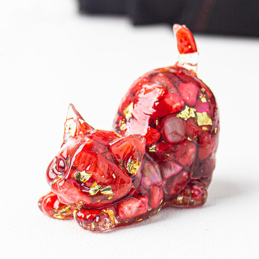 Handmade Natural Crystal Gemstone Cat with Raised Tail - Deep Crimson