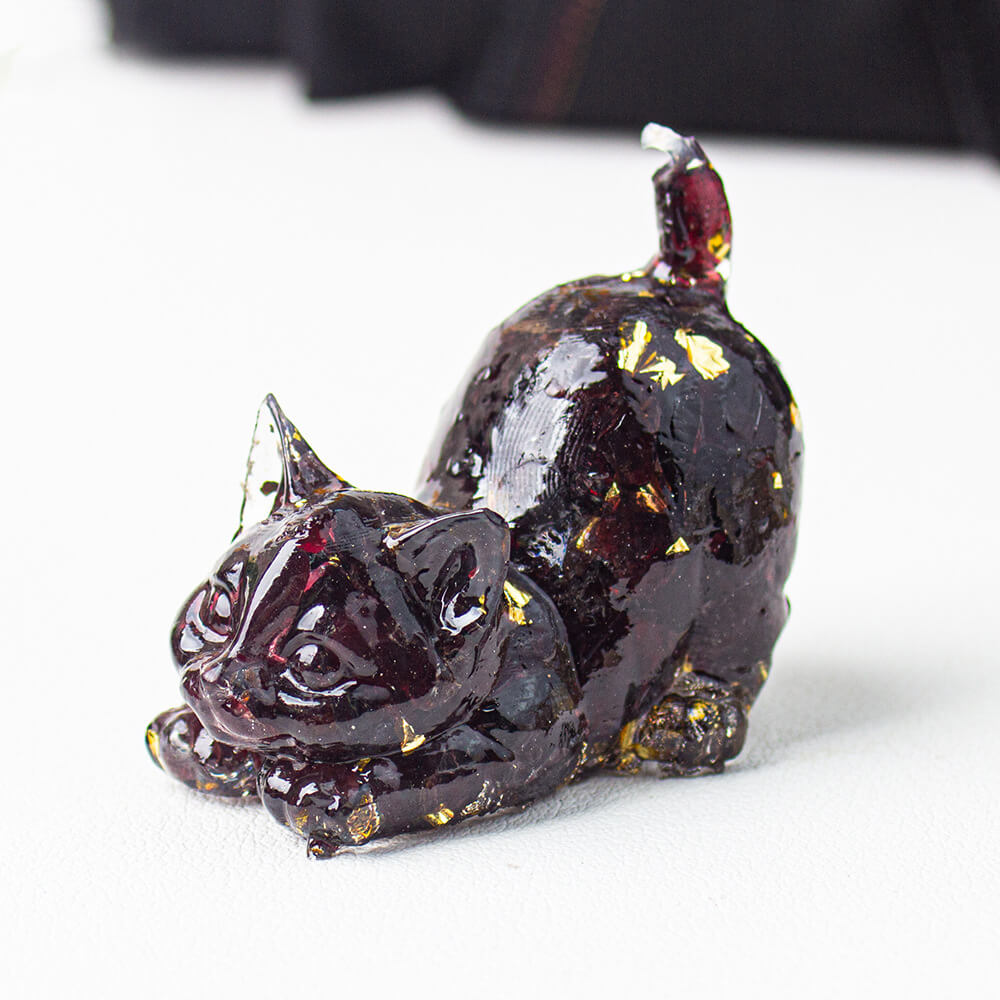 Handmade Natural Crystal Gemstone Cat with Raised Tail - Garnet