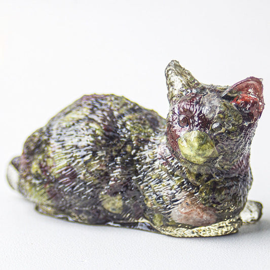 Handmade Natural Crystal Gemstone Lying Cat - Unakite