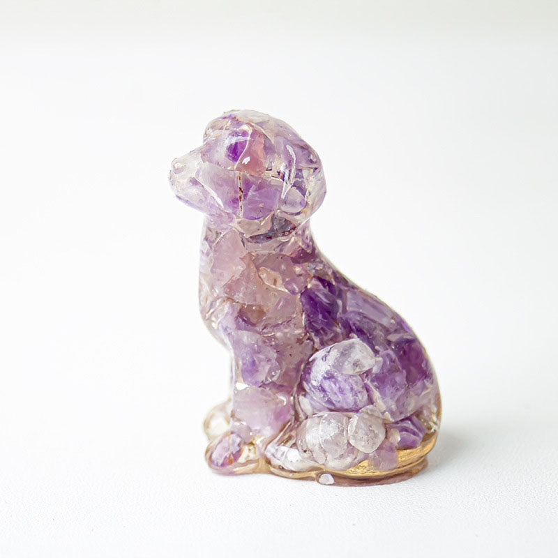Handmade Natural Crystal Gemstone Sitting Dog - Chevron Amethyst