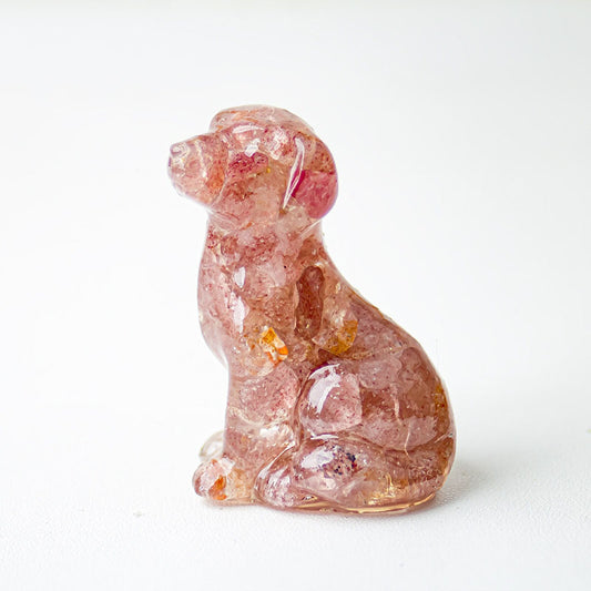 Handmade Natural Crystal Gemstone Sitting Dog - Strawberry Quartz