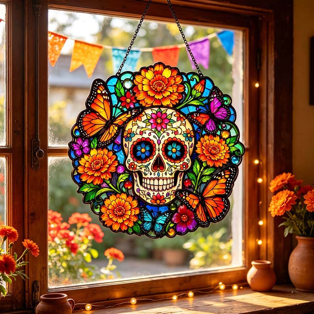 Sugar Skull Marigold Butterfly - Acrylic Suncatcher