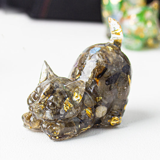 Handmade Natural Crystal Gemstone Cat with Raised Tail - Black Labradorite