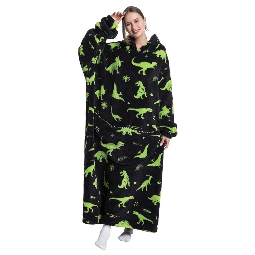 Oversized Wearable Hoodie Blanket – Black Green Dinosaur
