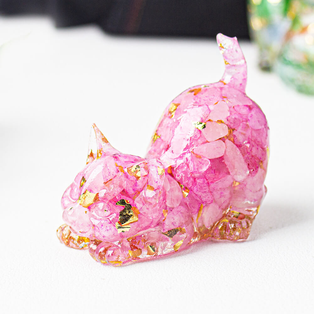 Handmade Natural Crystal Gemstone Cat with Raised Tail - Pink Crystal