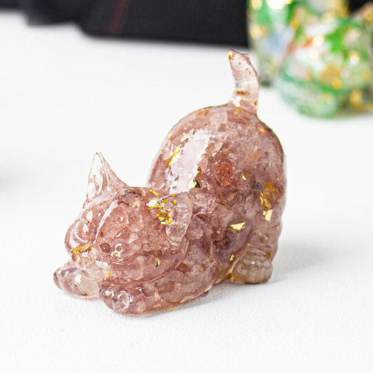 Handmade Natural Crystal Gemstone Cat with Raised Tail - Rhodonite