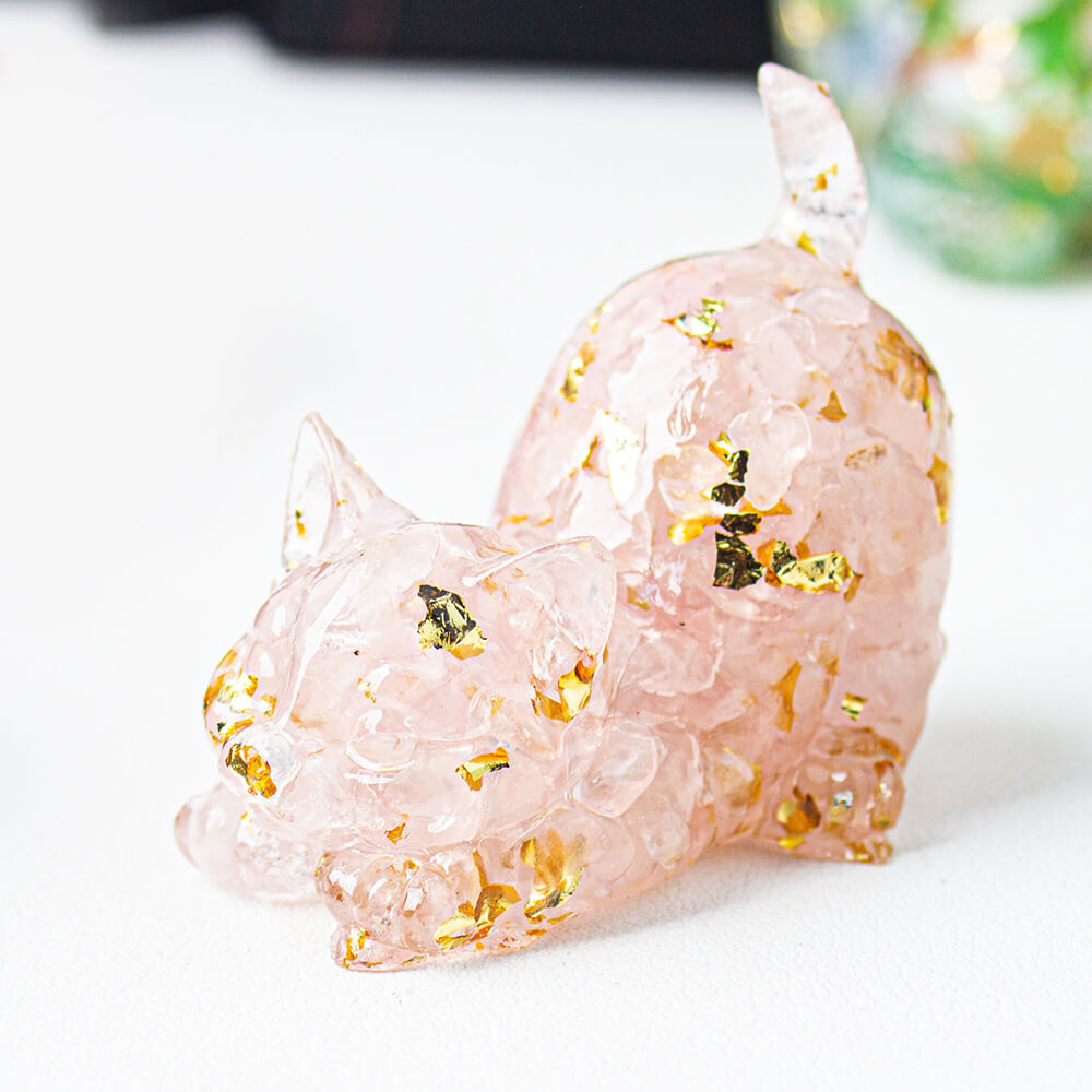 Handmade Natural Crystal Gemstone Cat with Raised Tail - Rose Quartz