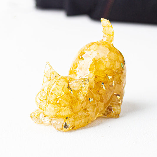 Handmade Natural Crystal Gemstone Cat with Raised Tail - Yellow Agate
