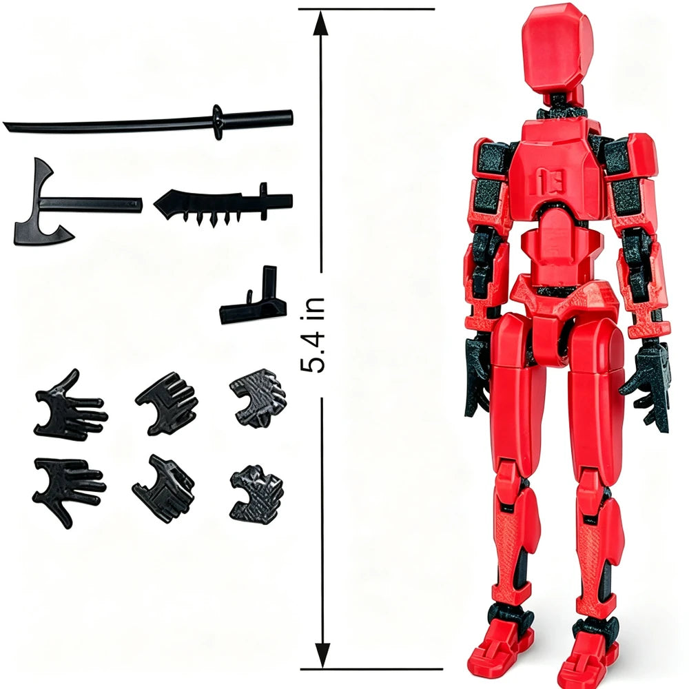 Red articulated action figure with black accessories, shown on a white background with a dimension marker indicating 5.4 inches.