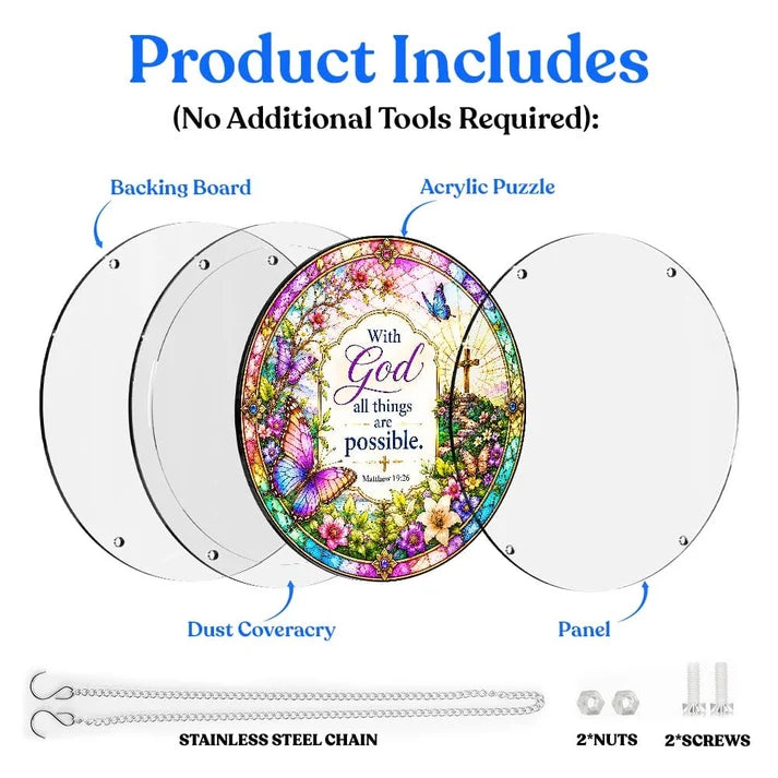 A diagram showing the included parts of the bible verse acrylic puzzle suncatcher such as backing board dust cover panel stainless steel chain nuts and screws