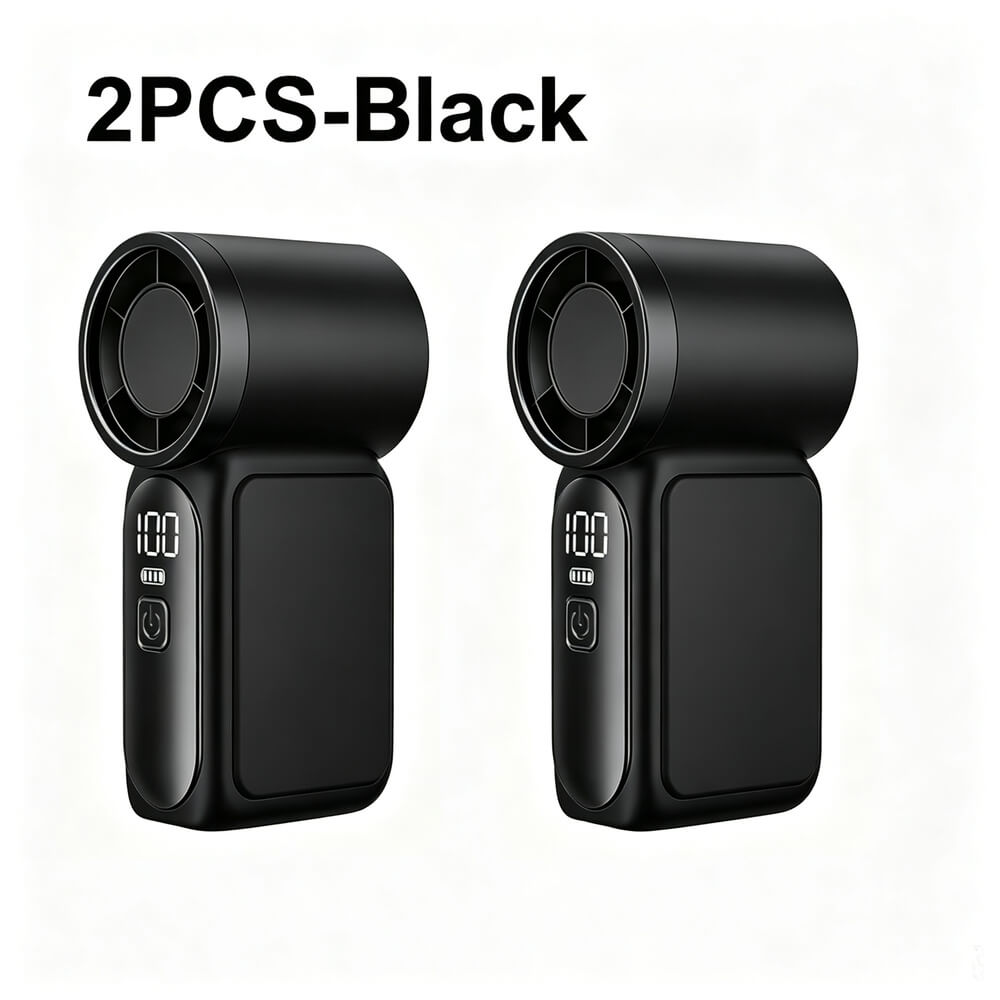 Two black handheld fan devices shown side by side on a white background, with the text '2PCS-Black' above them.