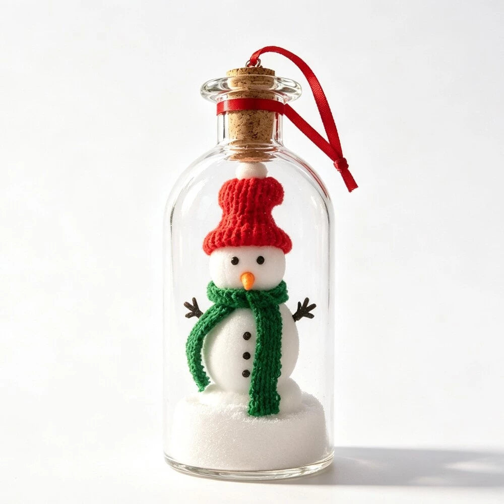 A clear glass bottle ornament featuring a small knitted snowman wearing a red hat and green scarf, sitting in white faux snow with a cork stopper and red hanging ribbon.