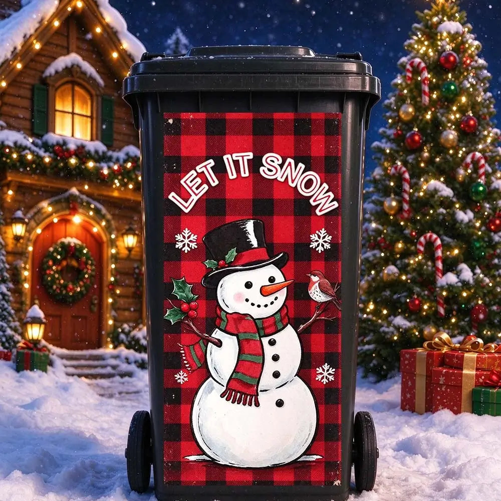 Snowman trash can sticker for Christmas outdoor bin decoration