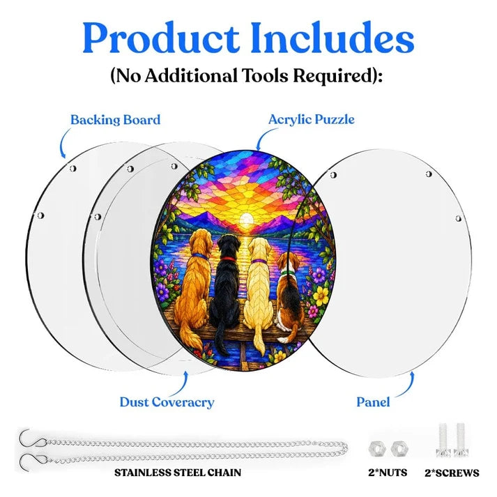 A diagram showing the included parts of the sunset dogs acrylic puzzle suncatcher such as backing board dust cover panel stainless steel chain nuts and screws