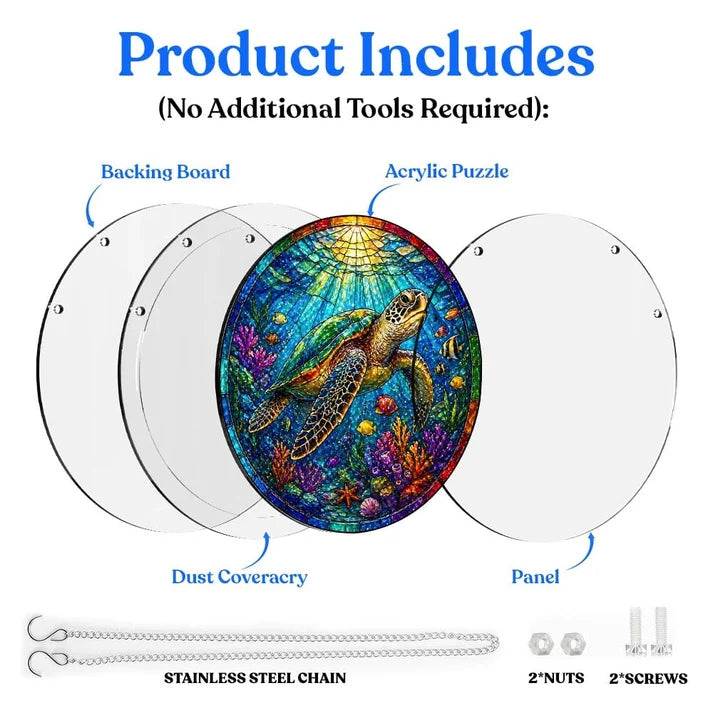 A diagram showing the included parts of the sea turtle acrylic puzzle suncatcher such as backing board dust cover panel stainless steel chain nuts and screws