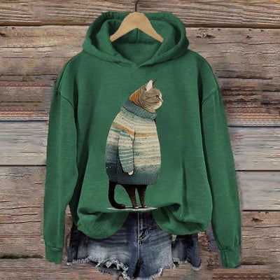 Women's Winter Cat Print Casual Hooded Sweatshirt