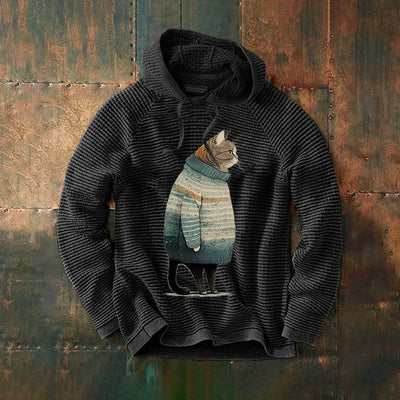 Men's Winter Cat Print Waffle Hooded Sweatshirt