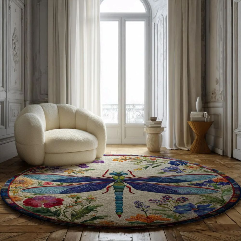 Floral Dragonfly - 3D Illusion Round Rug - H642