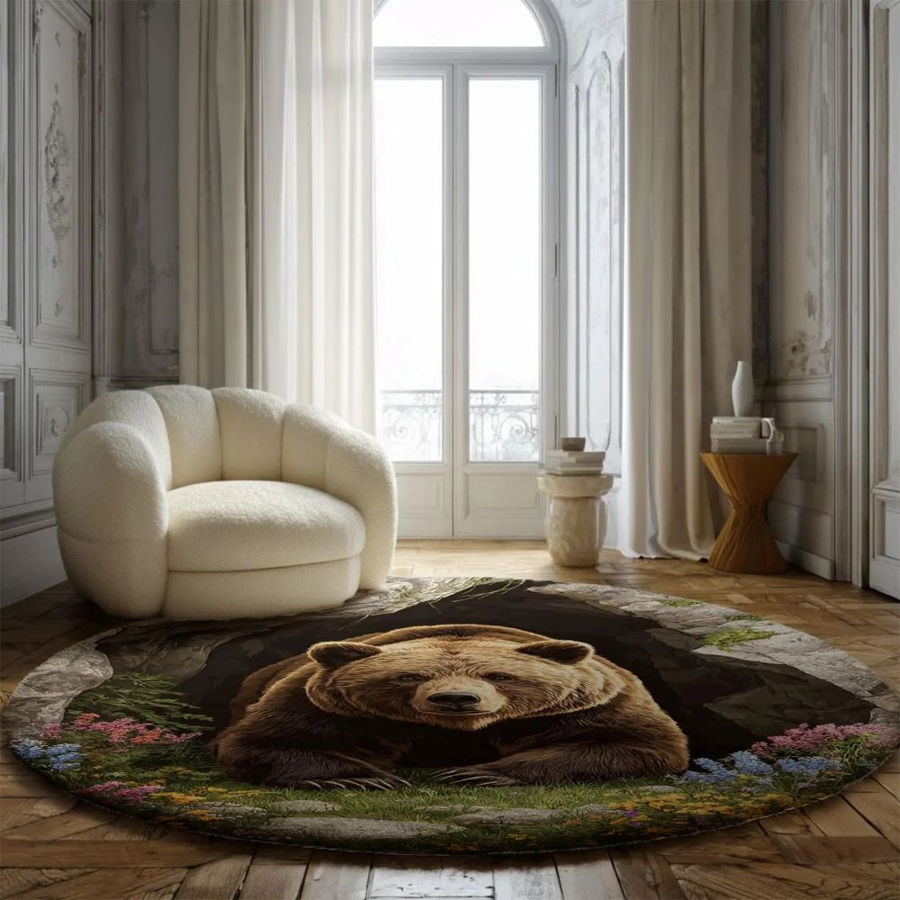 Spring Floral Bear Cave - 3D Illusion Round Rug - H641
