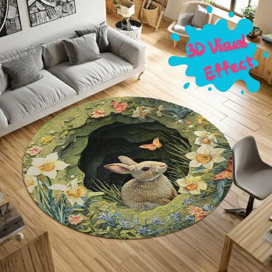 Spring Flower Bunny  - 3D Illusion Round Rug - H639