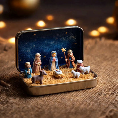 Mini Christmas Nativity Set In A Tin Box