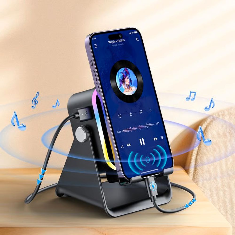 5-in-1 Wireless Induction Bluetooth Speaker with Adjustable Phone Stand