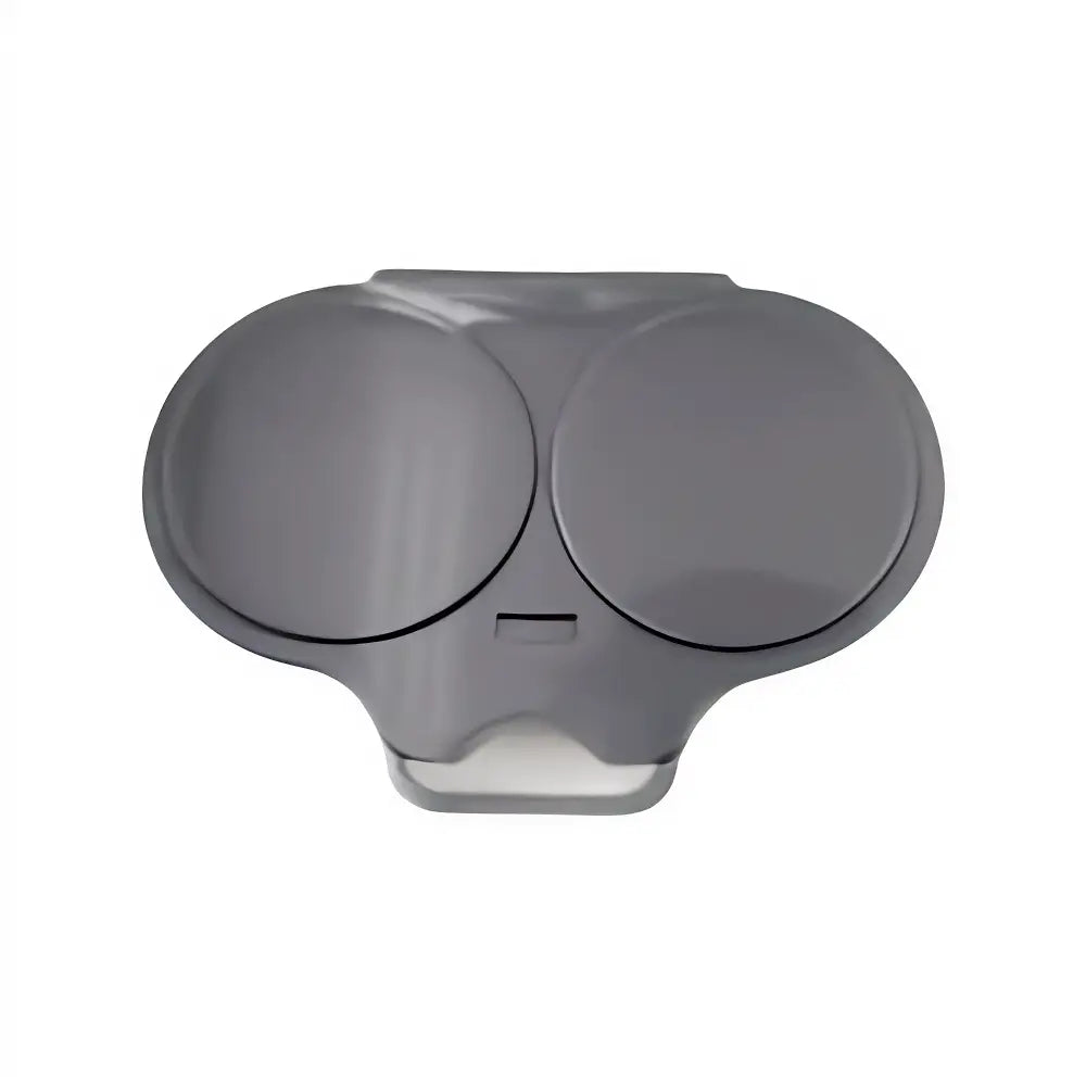 A dark gray plastic dual-cup holder or organizer with two circular compartments and a small rectangular slot in the center, shown on a plain white background.
