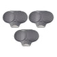 Three dark gray plastic replacement caps with circular inserts, arranged on a plain white background.