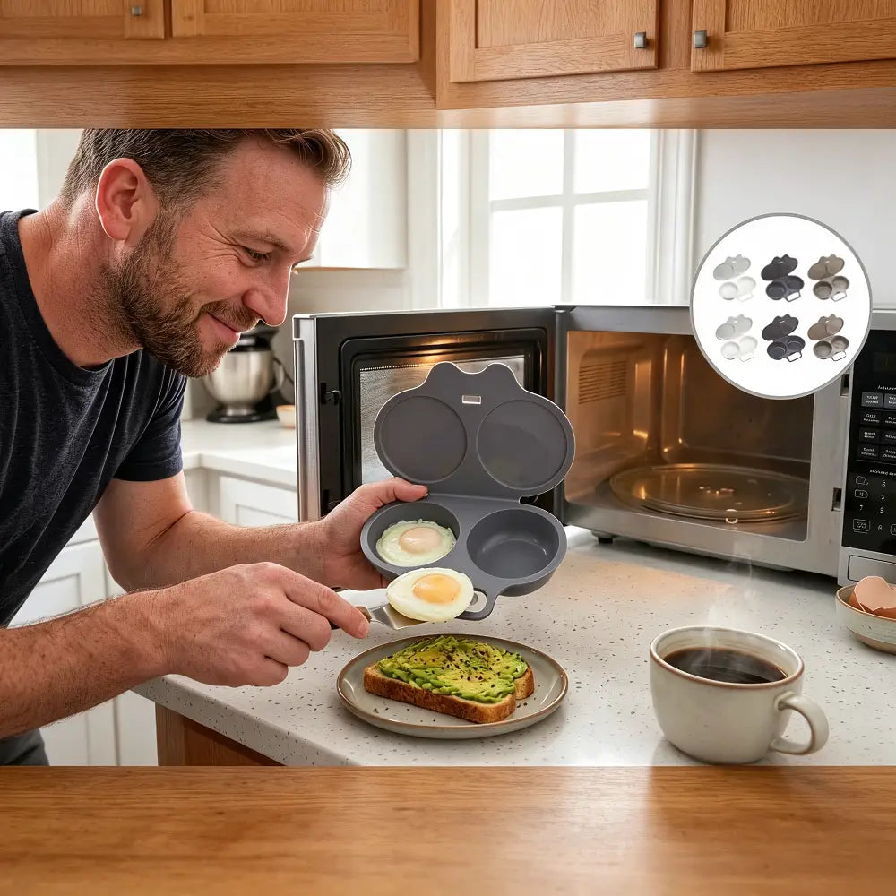 A man in a kitchen uses a gray silicone egg mold to cook two eggs over a microwave. A plate with avocado toast and a cup of coffee sit on the counter, and a circular inset shows the available egg mold color options.