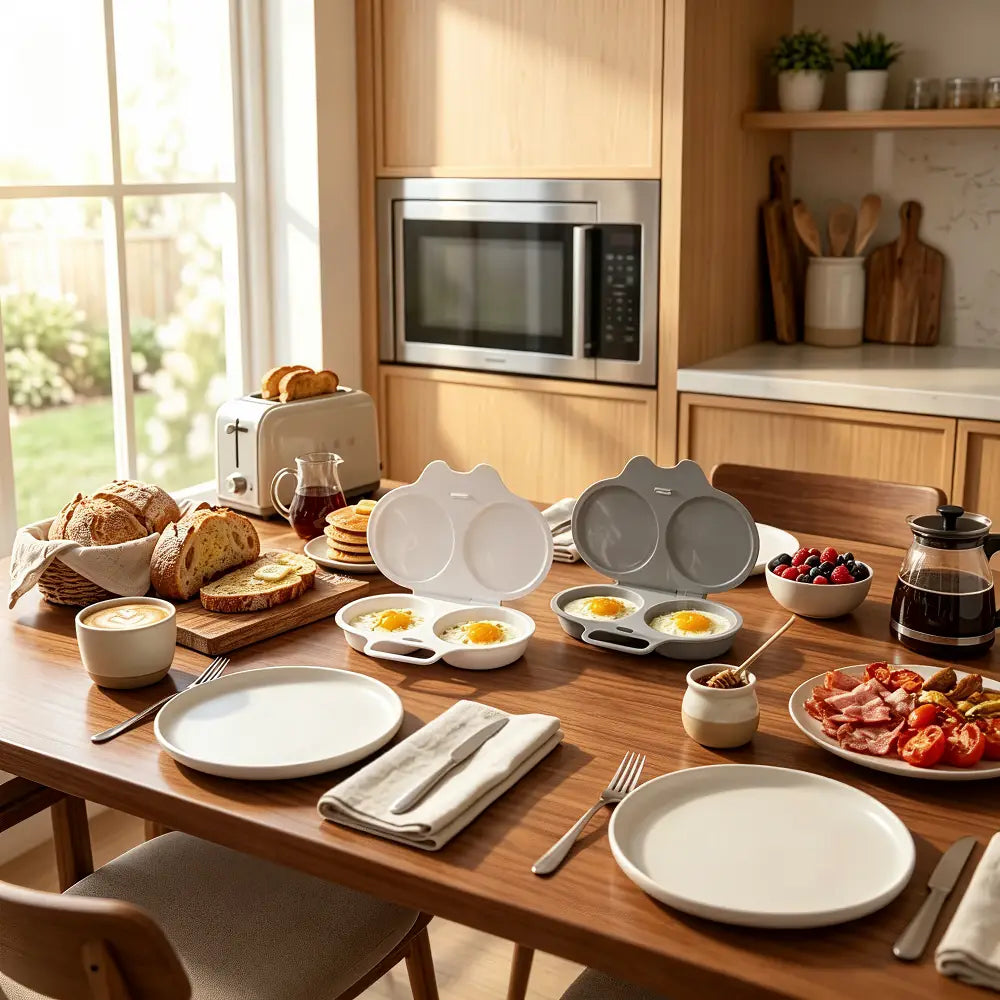 A breakfast table set in a warm kitchen, featuring two cat-shaped cookware pans in white and gray, filled with eggs, alongside plates, bread, coffee, and a toaster.