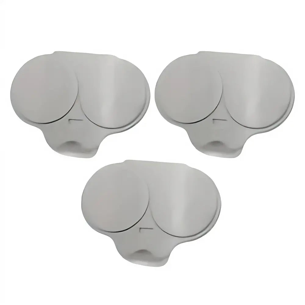 Three light gray silicone replacement earplugs arranged on a plain white background.