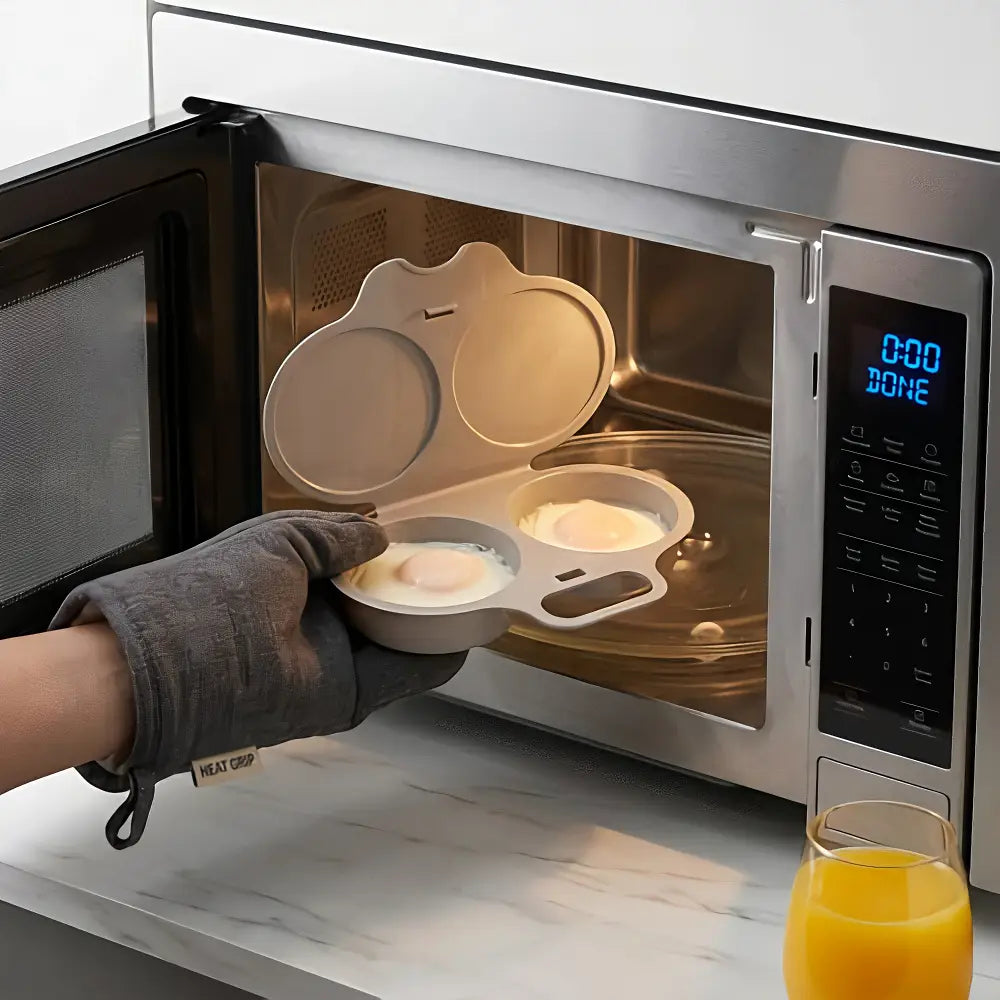 A gray silicone egg cooker with two egg cups is shown inside a stainless steel microwave, with a hand wearing a gray oven mitt holding the cooker. An orange juice glass is visible on the counter in the foreground.