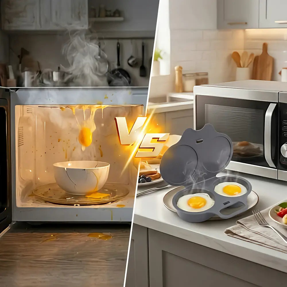 A split-screen kitchen scene comparing a broken microwave with a gray egg-catcher pan. The left side shows a microwave with a cracked bowl inside, steam, and spilled yellow contents, with a large gold 'VS' overlay.