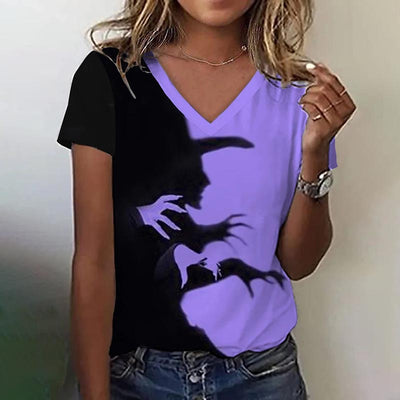 Women's Halloween Witch Shadow Print Casual V-Neck Tee