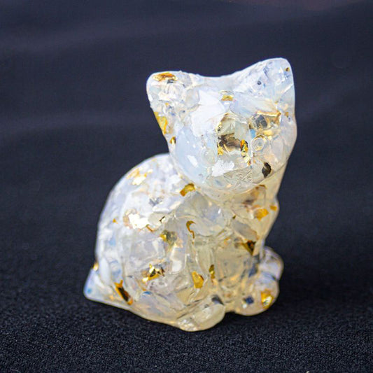 Handmade Natural Crystal Gemstone Sitting Cat - White Opal