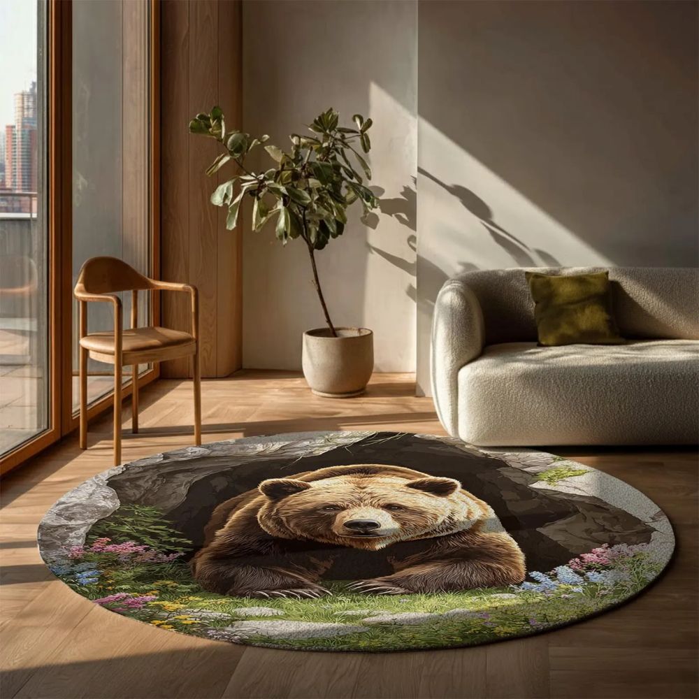 Spring Floral Bear Cave - 3D Illusion Round Rug - H641