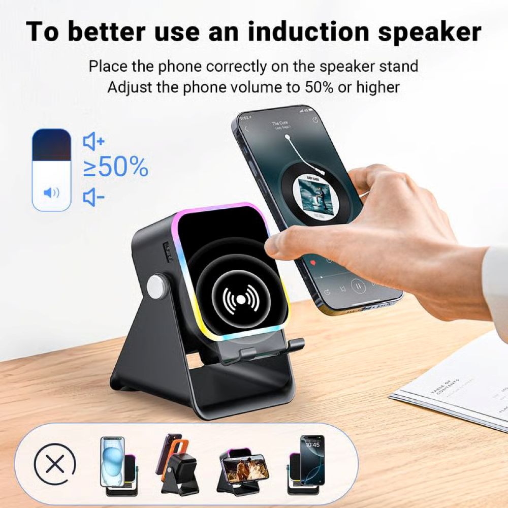 5-in-1 Wireless Induction Bluetooth Speaker with Adjustable Phone Stand