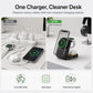 A promotional comparison graphic for a compact wireless charging station. The top text reads 'One Charger, Cleaner Desk.