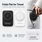 Mojue foldable wireless charging pad shown in black and white, with a lifestyle inset of a hand placing the black version into a pocket. Text highlights travel-friendly pocket size, fast charging, compact dimensions 94 x 70 x 33 mm, and features like easy carry and quick storage.