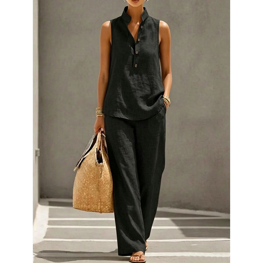Women's Stand Collar Sleeveless Top & High-Waist Wide-Leg Pants Set