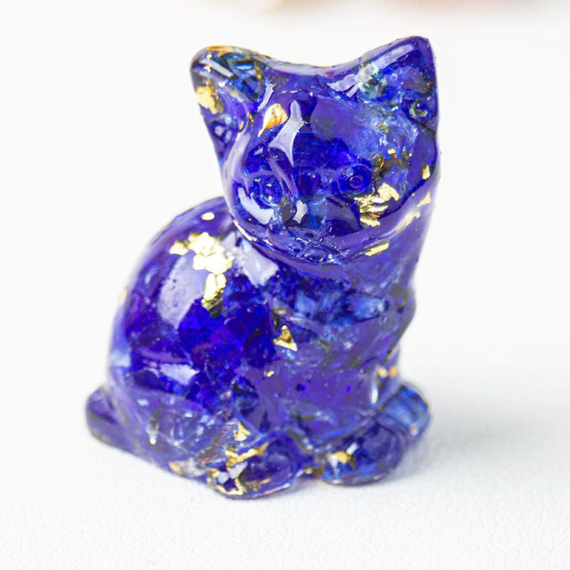 Handmade Natural Crystal Gemstone Sitting Cat - Blue Glaze
