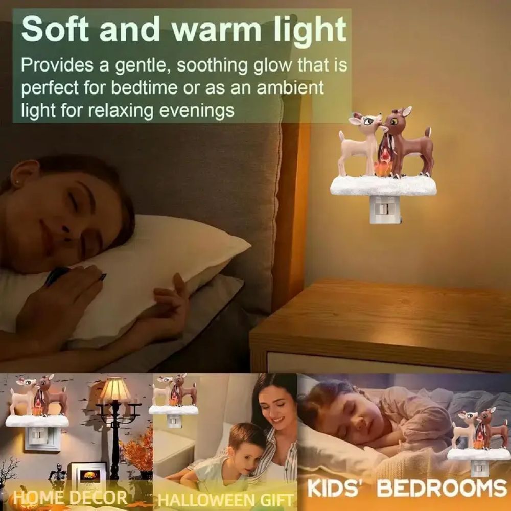 3D Elk Campfire Night Light – Christmas Flickering Flame Ambient Lamp